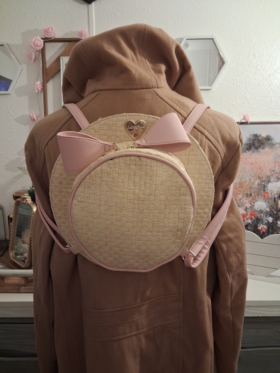 Betsey Johnson Handbags - Betsey Johnson Round Hat Straw Backpack with Pink Bow